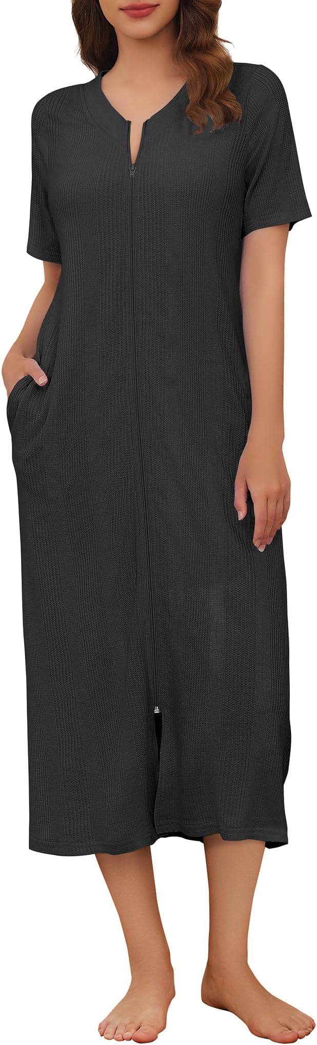 EkouaerZip Up Robe for Women Long Housecoat Waffle Knit Bathrobes Cozy Full Length Nightgown with Pockets S-4XL
