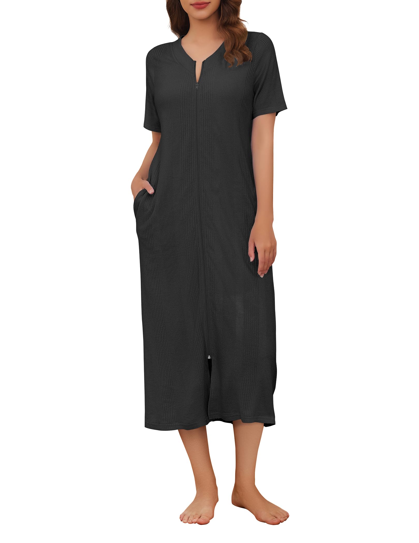 EkouaerZip Up Robe for Women Long Housecoat Waffle Knit Bathrobes Cozy Full Length Nightgown with Pockets S-4XL