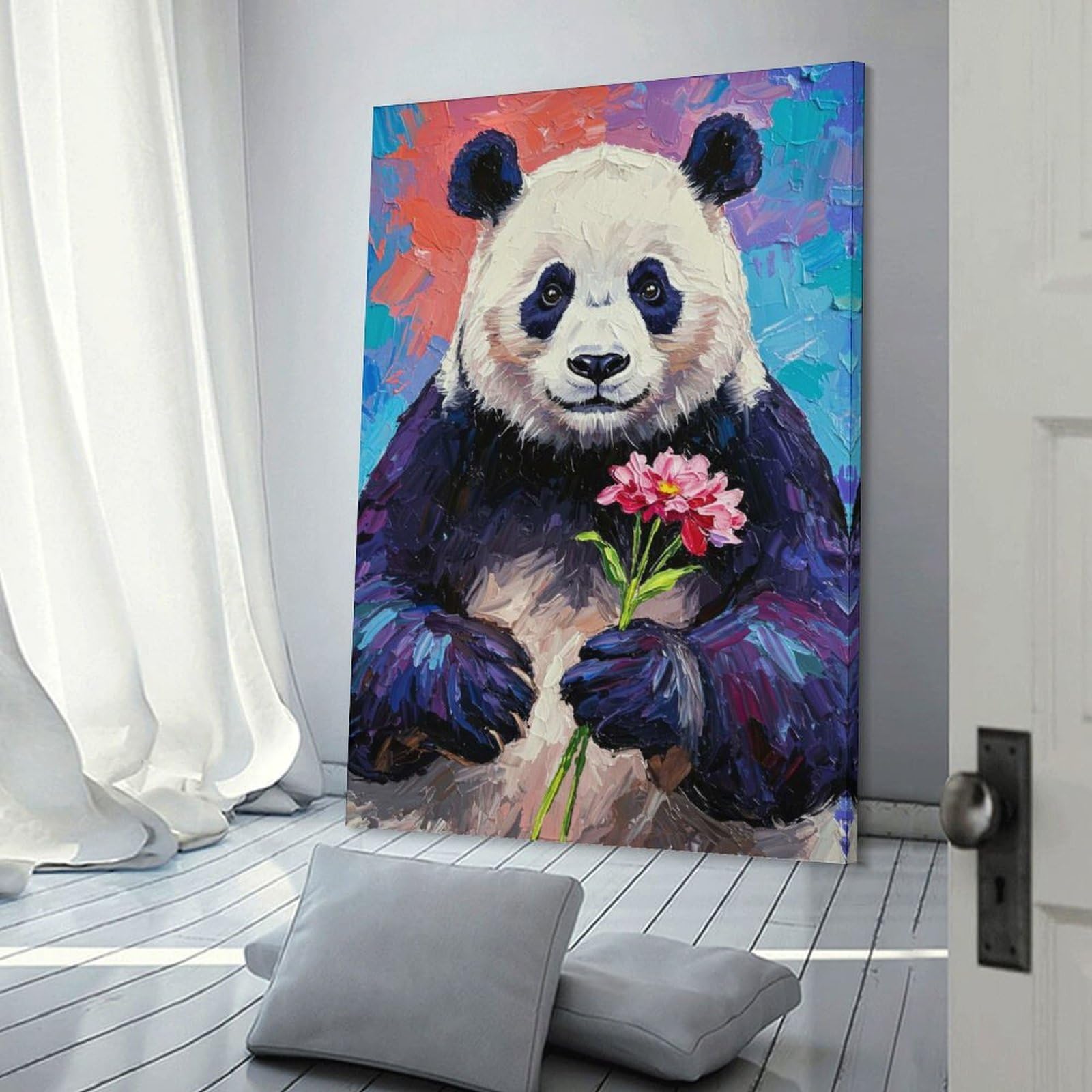Junmoney Frame-Style-4 Panda With Flower Painting Canvas Wall Picture, 20X30inch(50X75cm), For Living Room, Bedroom Or Apartment Walls, Decorative Artwork For Empty Walls
