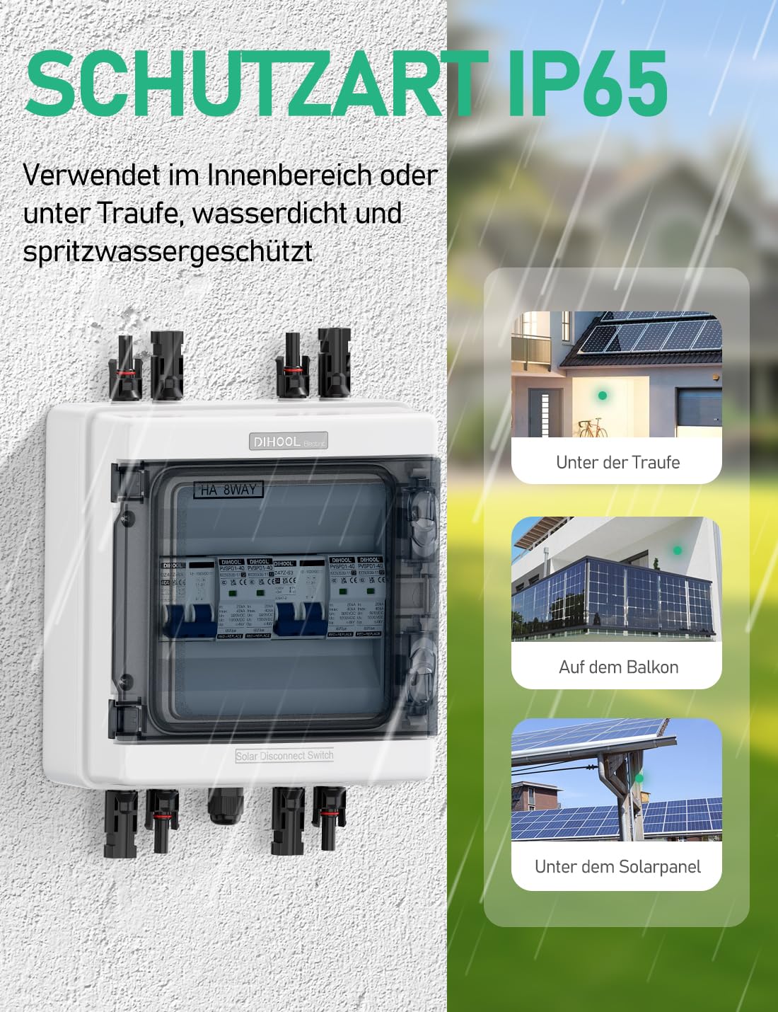 DIHOOL DC überspannungsschutz PV Anlage 2 Strings Solar Anschlusskasten für 2 * 600W Solarmodule Balkonkraftwerk, DC Trennschalter 40A 1000V