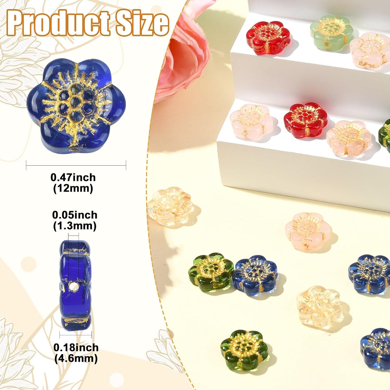 Stiesy Transparent Lampwork Glass Flower Beads 70Pcs, 7 Colors Golden Metal Enlaced Plum Blossom DIY Craft Beads for Elegant DIY Jewelry Making and Craft Projects