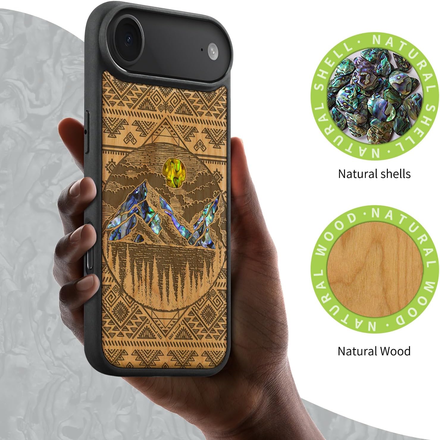 Carveit Magnetic Case for iPhone Air Case, Wood Artisan Engraved & Handmade Shell Inlaid, TPU Shockproof Cover, Compatible with MagSafe 17 Air Wireless Chargers (Aztec Style Alpine Lakes-Cherry)