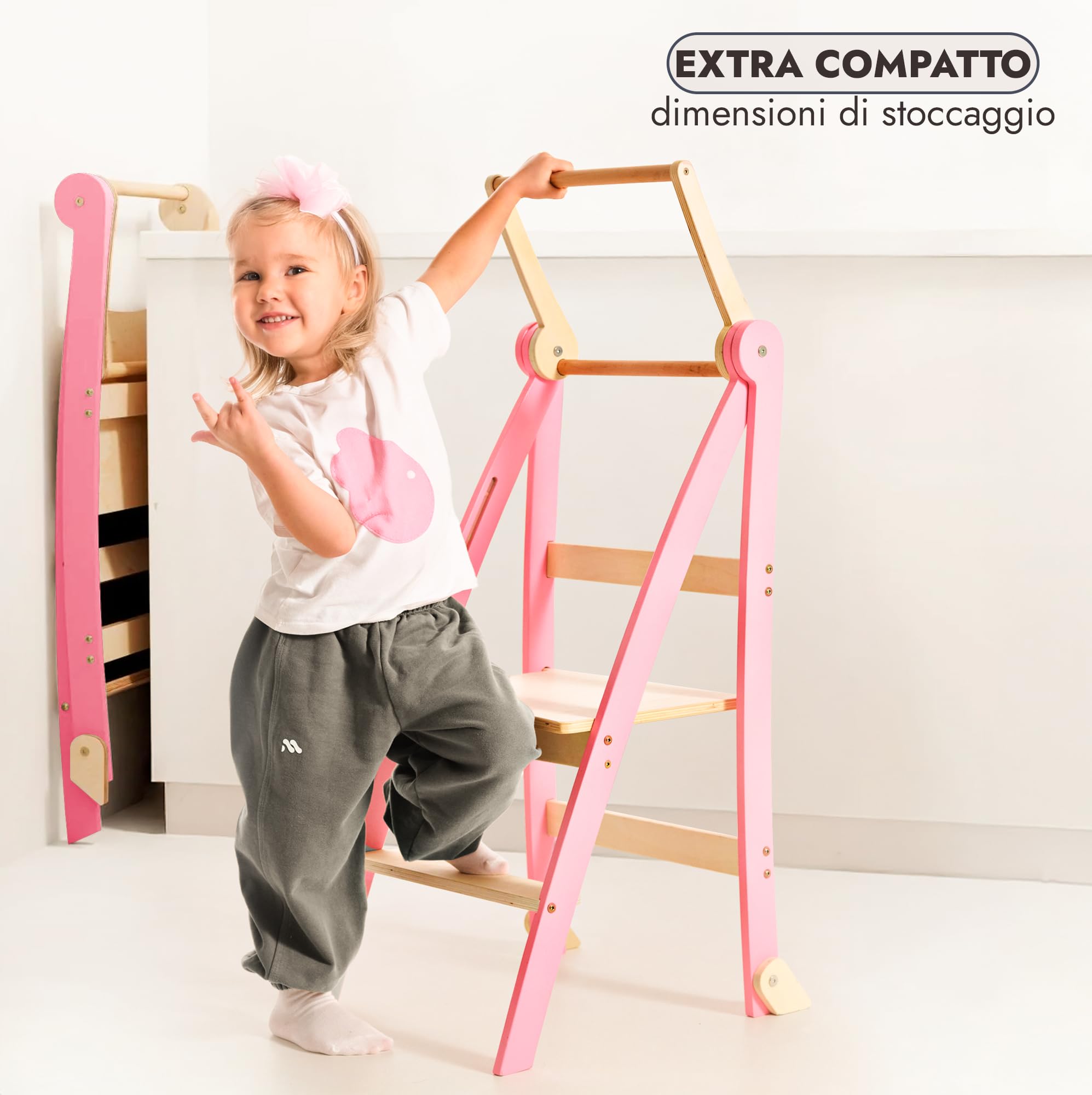 Goodevas Torre di apprendimento in legno Montessori salvaspazio : scala pieghevole in pelle, sgabello per bambini, scala pieghevole per bambini, scala di apprendimento con protezione antiribaltamento