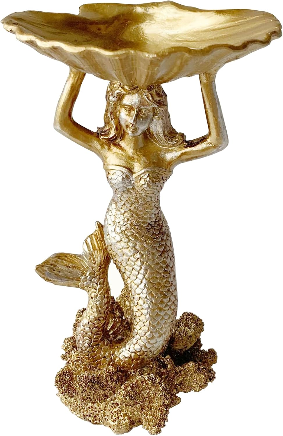Pewery Golden Mermaid Shell Resin Jewelry Dish - Ring Holder Trinket Organizer & Elegant Home Decor Statue
