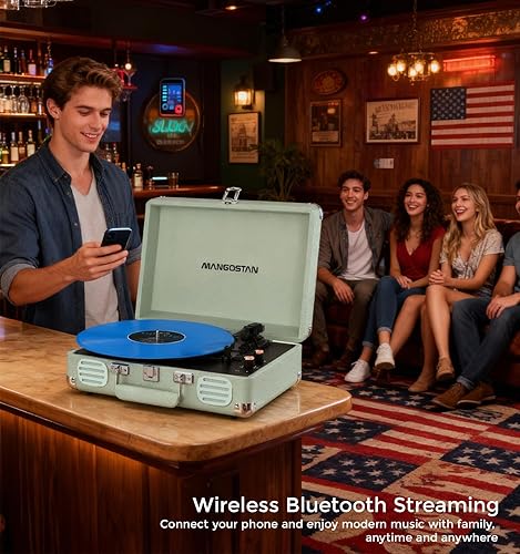 Miniatura 4 de Reproductor de discos de vinilo Bluetooth, tocadiscos portátil de 3 velocidades con altavoces de graves integrados, reproductor LP de maleta