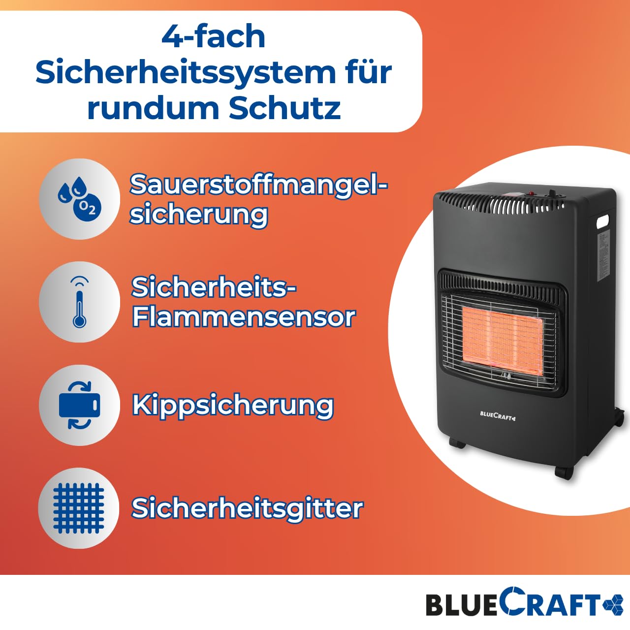Bluecraft Heizofen Gas 4,2 kW + Druckregler Gasschlauch Gasregler Schlüssel | Gasheizofen für Innenräume, Infrarot Heizstrahler, Gasheizer, Notofen, Camping Heizung, Notheizung für Gasflasche 5kg 11kg