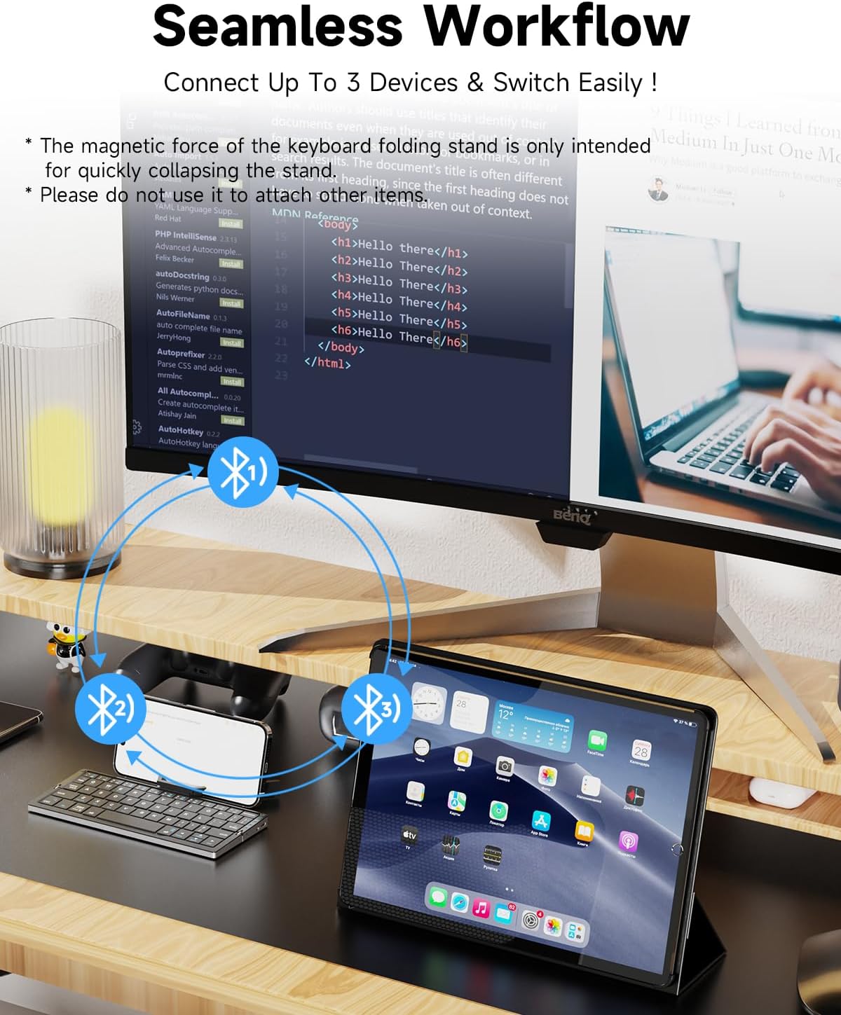 Diagram showing the keyboard connected to a smartphone, tablet, and computer monitor via Bluetooth, illustrating seamless workflow.