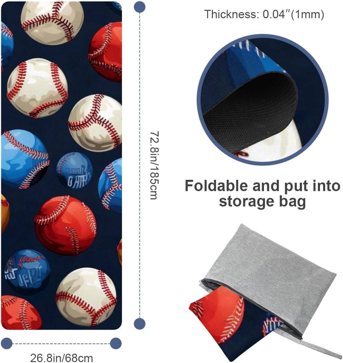 Yoga Towel, Baseball Pattern Non Slip Sweat Absorbent Hot Yoga Mat Towel for Hot Yoga, Pilates and Fitness - 72.8" x 26.8"