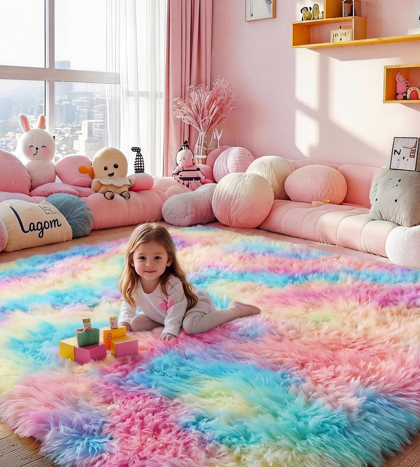 Teppich Wohnzimmer 160 x 230 cm Regenbogen Waschbar Rutschfester Hochflorteppich Kinderzimmer Schlafzimmer Flauschiger Teppiche