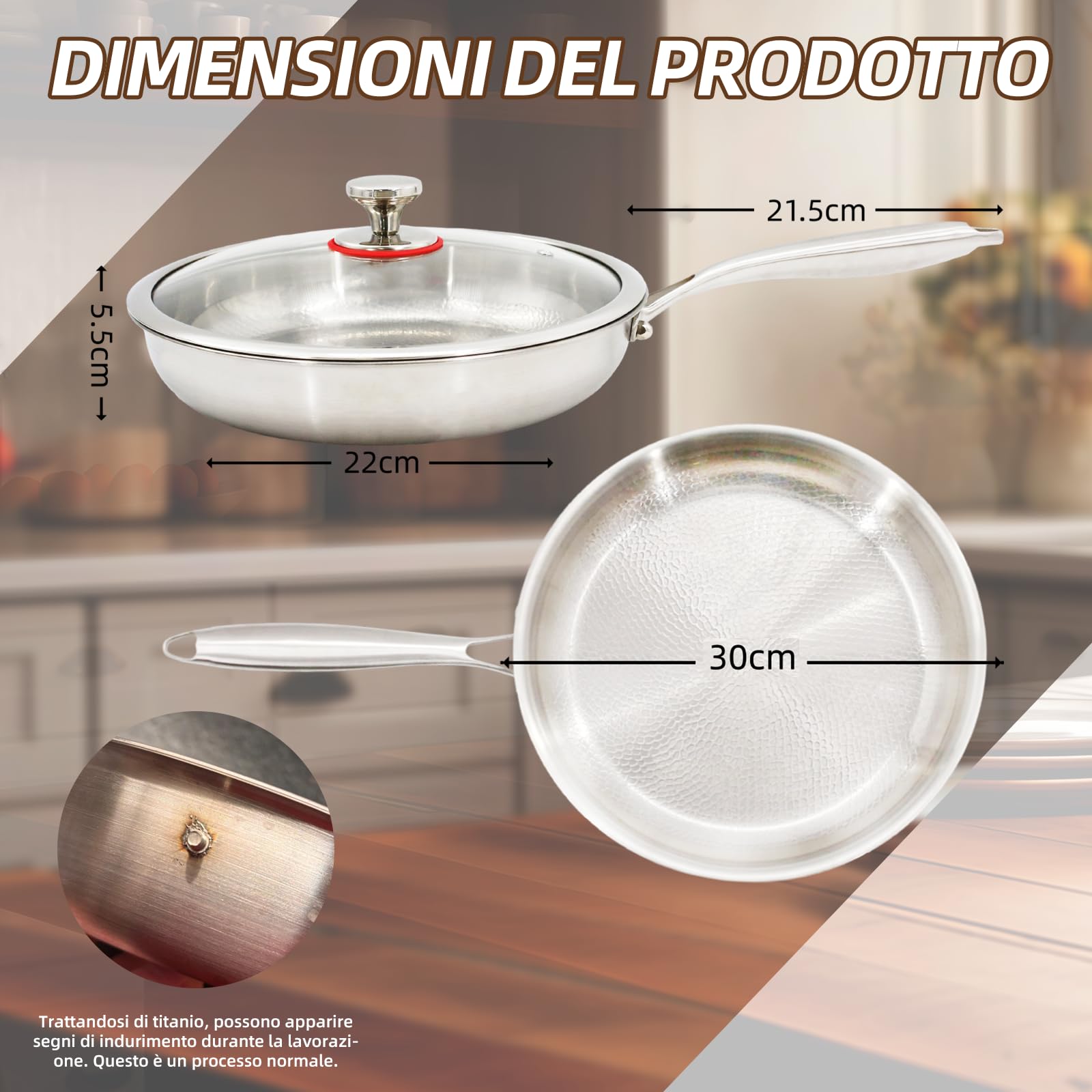 Padella antiaderente in titanio da 30 cm con coperchio in vetro e spatola, in titanio martellato per un effetto antiaderente naturale, compatibile con induzione, ideale per cucina e campeggio