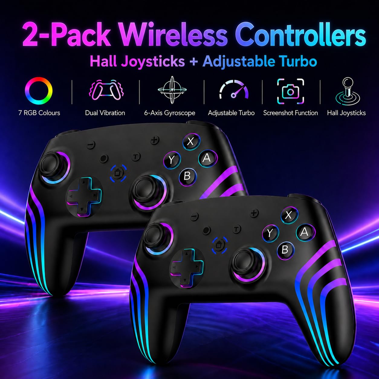 Controller für Switch 2 mit RGB Beleuchtung, Dual Vibration, 6 Achsen Gyroskop, Turbo, Ergonomisch Präzise Joystick