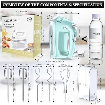 BAIGELONG Hand Electric Mixer, 300W Ultra Power Food Kitchen Mixer with 5 Self-Control Speeds + Turbo Boost, 5 Stainless Steel Attachments Handheld Blender for Baking, GREEN