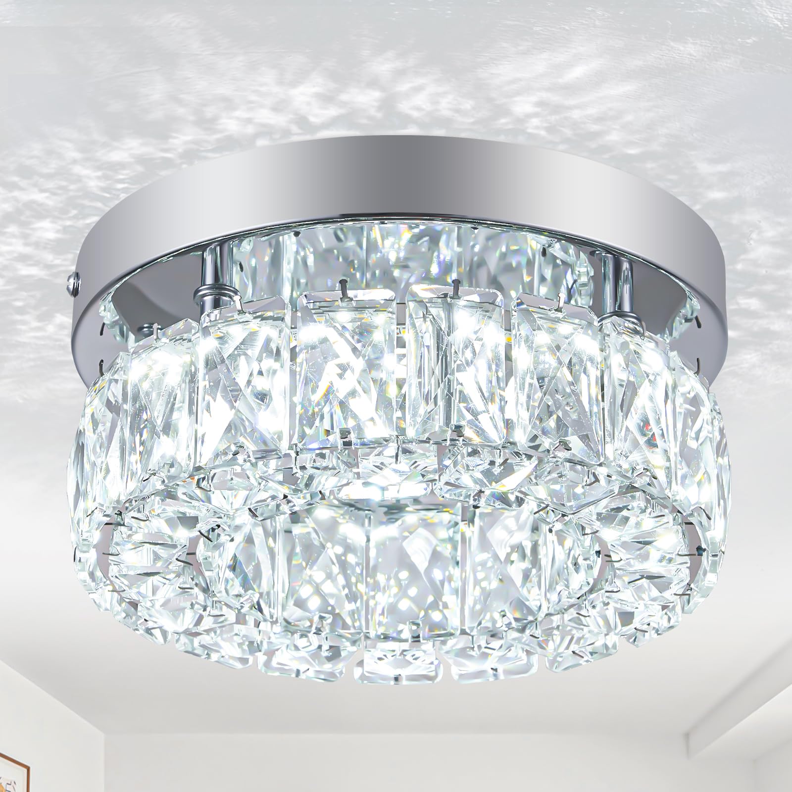 RHEAFON Mini Modern Crystal Chandelier Flush Mount Ceiling Light - 7.9" Rust-Resistant LED Fixture for Bedroom, Hallway, Kitchen & Small Spaces (6500K Cool White)
