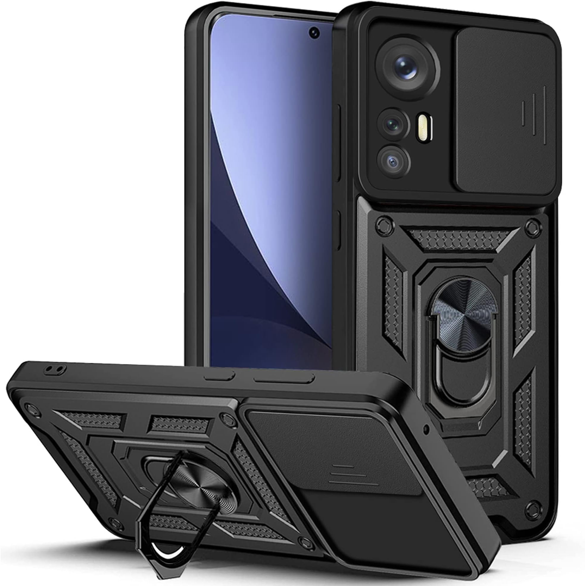 Case for Xiaomi 12 Pro 5G with Slide Camera Cover, Military Grade Shockproof Protective Cover with Rotatable Metal Ring Kickstand [Support Magnetic Car Mount], Black