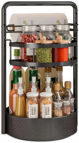 JEESA Rotating Spice Rack with Paper Towel Holder, 2 Tier Lazy Susan for Spices, Sturdy Iron Seasoning Organizer for Kitchen Countertop, Black