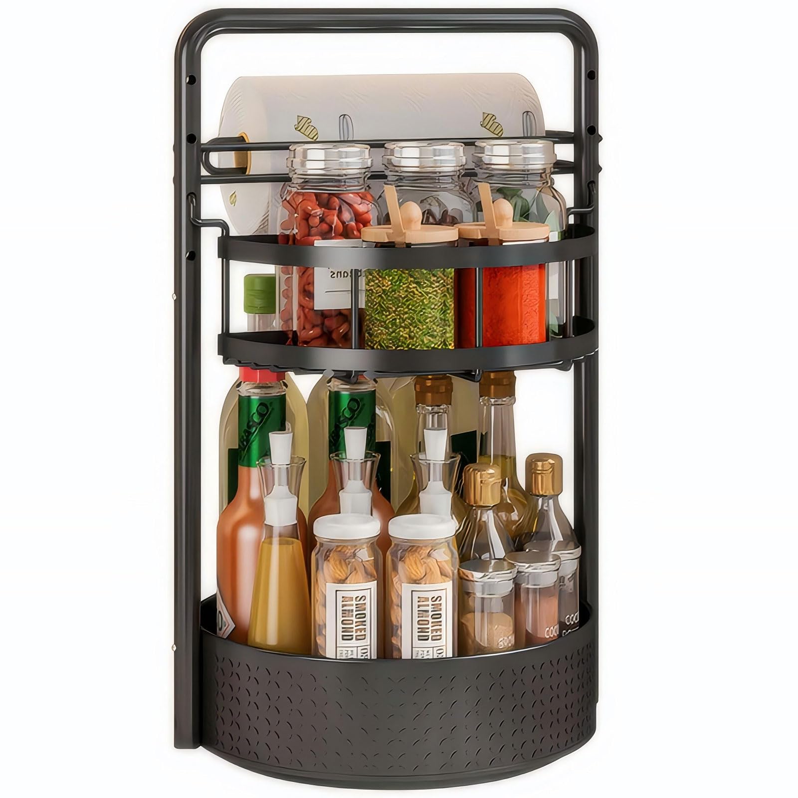 JEESA Rotating Spice Rack with Paper Towel Holder, 2 Tier Lazy Susan for Spices, Sturdy Iron Seasoning Organizer for Kitchen Countertop, Black