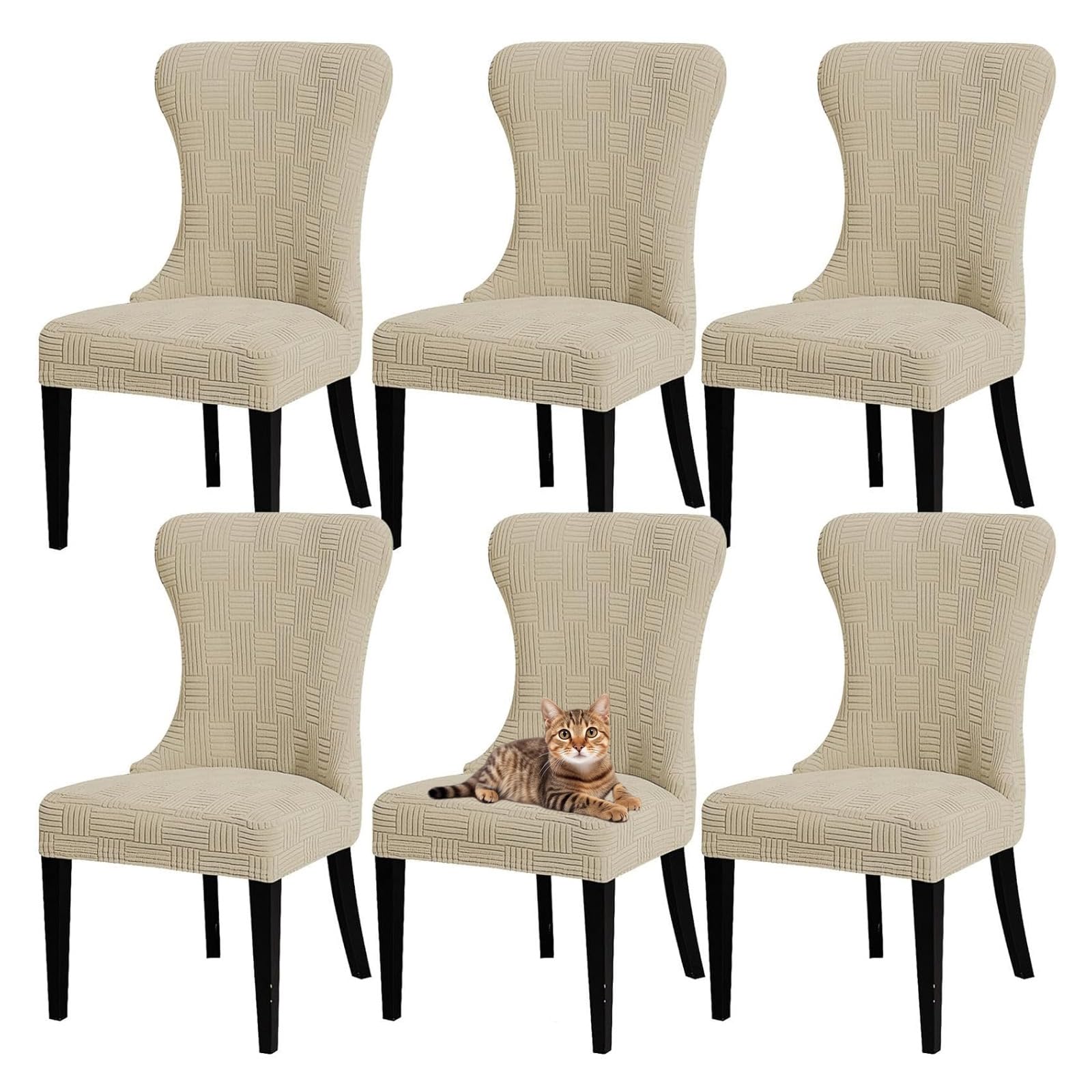 GUYIRT Wingback Side Chair Slipcover Accent Chair Cover Machine Washable Chair Slipcovers with Arms for Dining Room Banquet Decor (beige,set of 6)