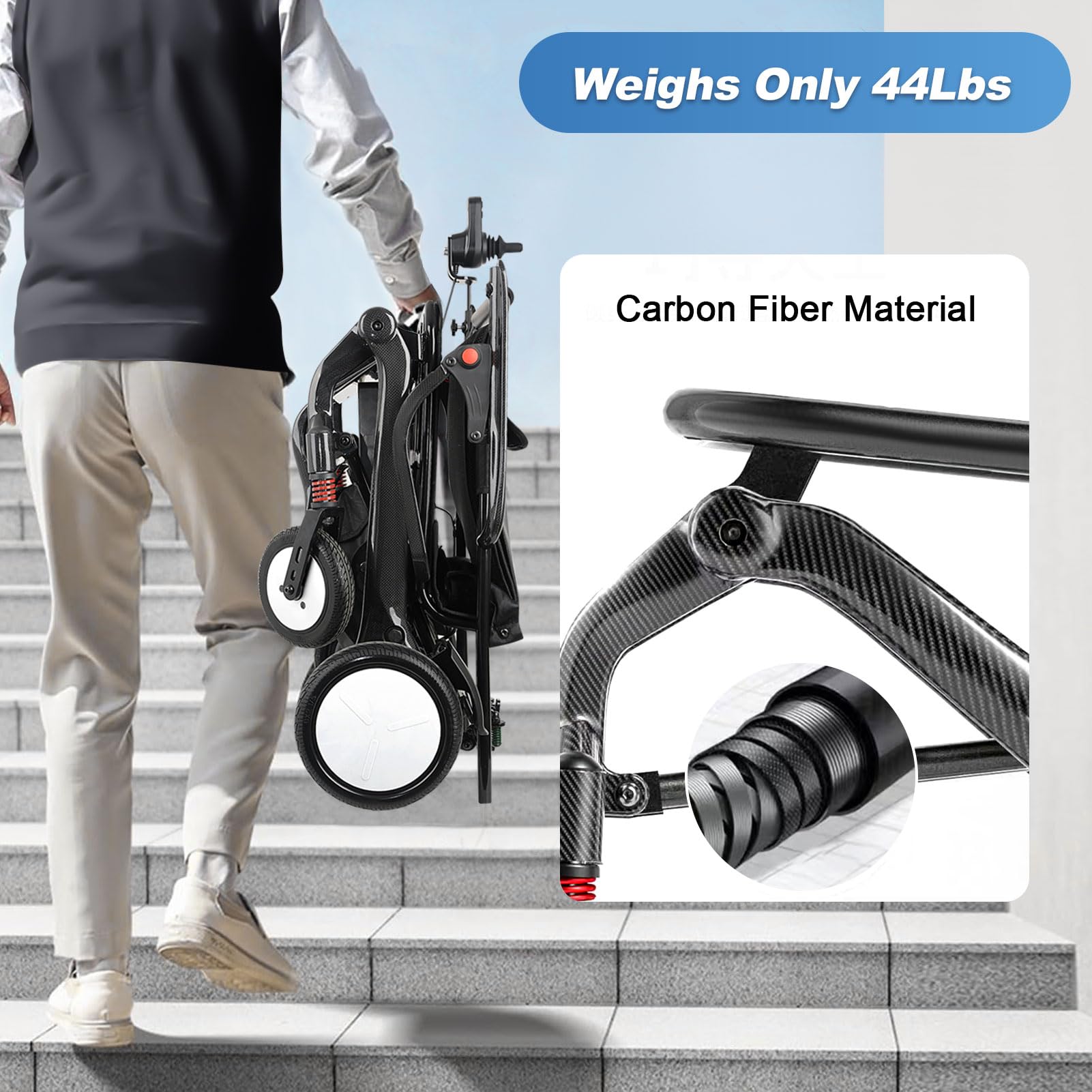 44lb Electric Wheelchair Lightweight Foldable Carbon Fiber Electric Wheelchairs, LED Light Intelligent Motorized Wheelchair for Seniors All Terrain Wheelchairs Portable Airline Approved