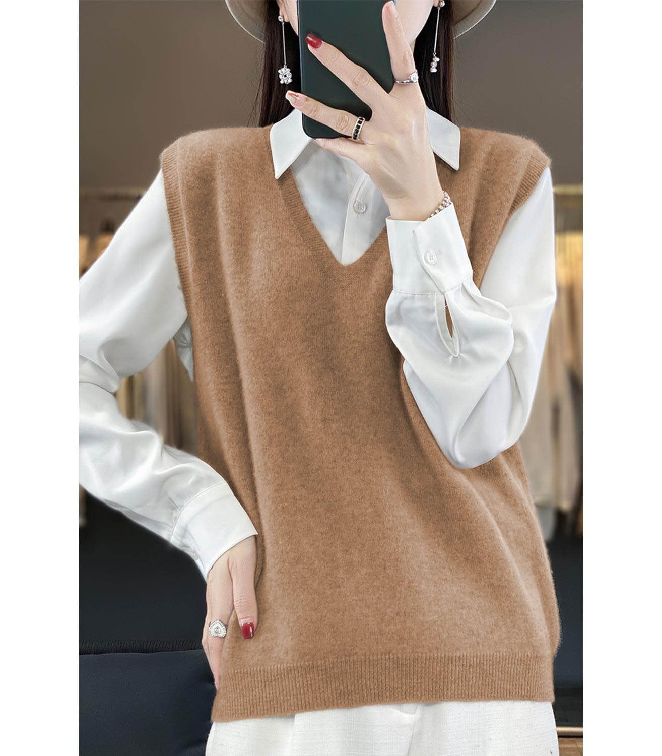 Pull en tricot à col en V pour femme, 100 % laine mérinos, léger, sans manches, gilet basique court