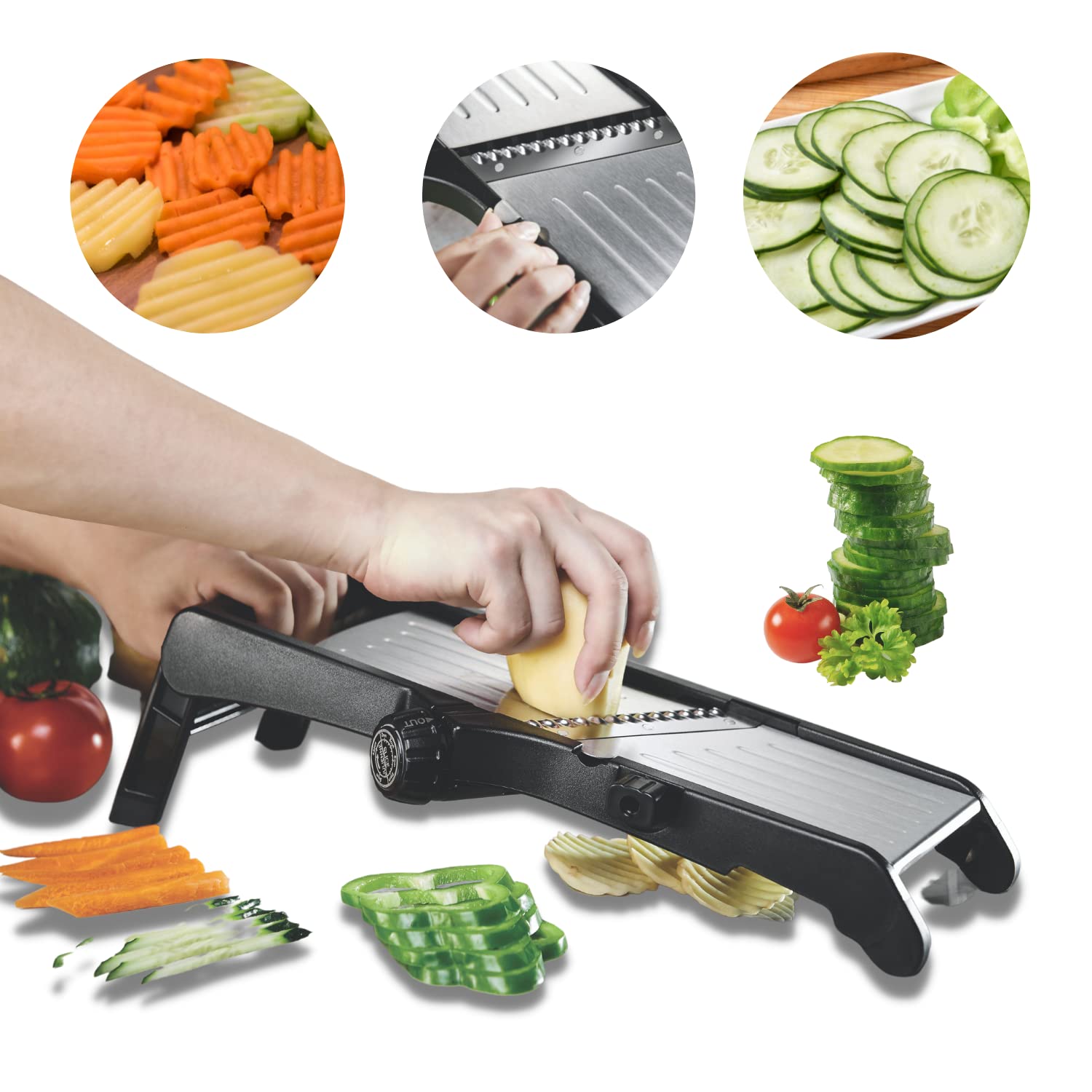 Mandolina Cortador de verduras, profesional, ajustable, de acero inoxidable, para frutas y verduras. Guante resistente a cortes y cepillo de limpieza