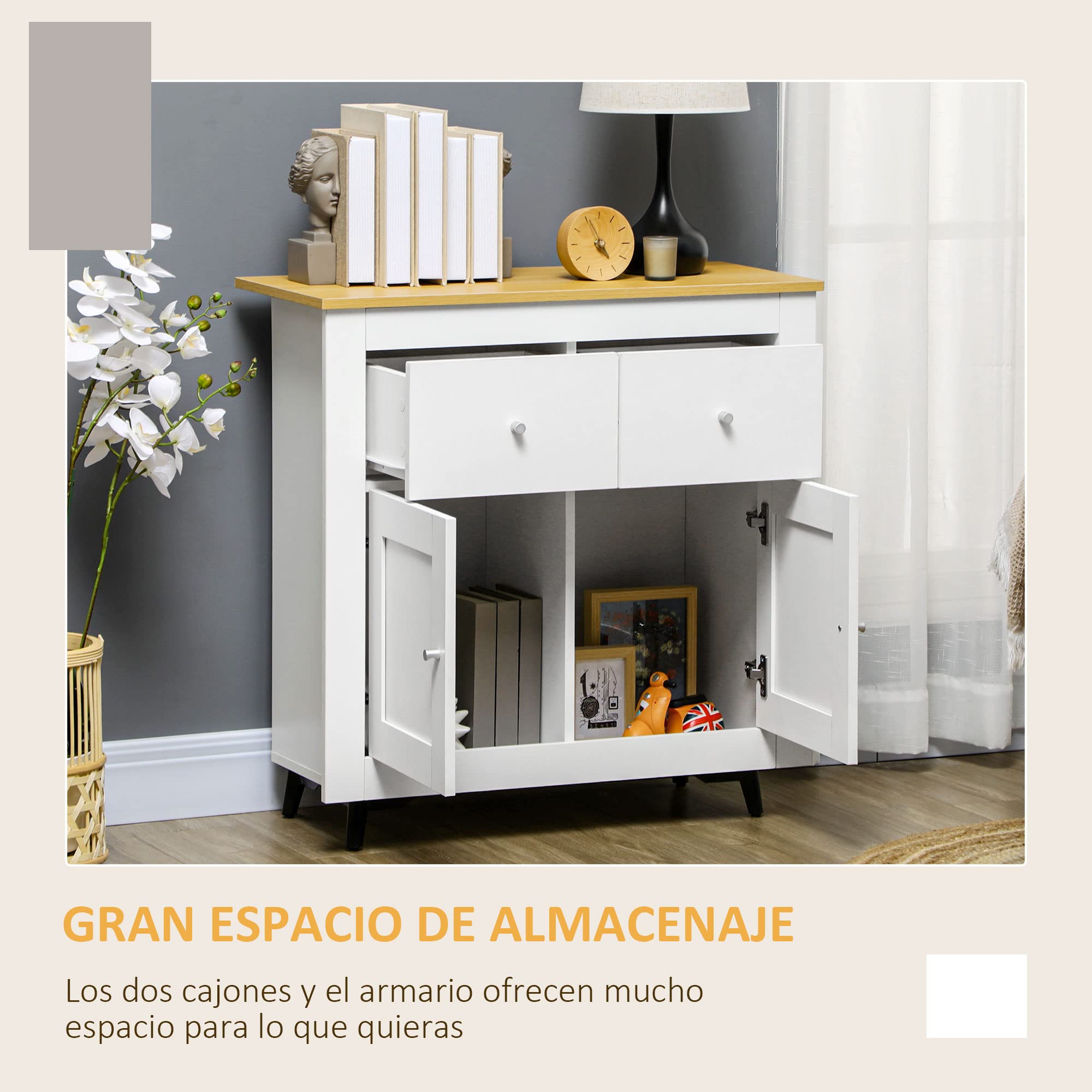 HOMCOM Aparador de Cocina Buffet Auxiliar de Comedor Moderno con Puertas Dobles y 2 Cajones para Salón Entrada Oficina 78x35x80 cm Blanco