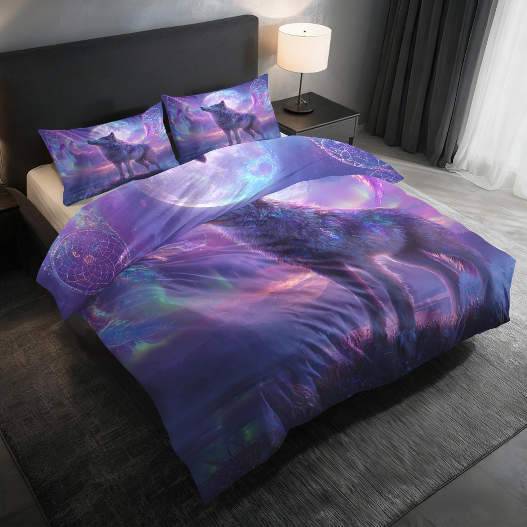 Generisch Traumfänger Wolf Bettwäsche 200x220 cm, Verträumte Dreamcatcher Bohemian Bettbezug, Bettwäsche-Sets 3 Teilig, Wendebettwäsche + 2 Kissenbezüge 80x80 Weich Mikrofaser Schlafzimmer Deko M15
