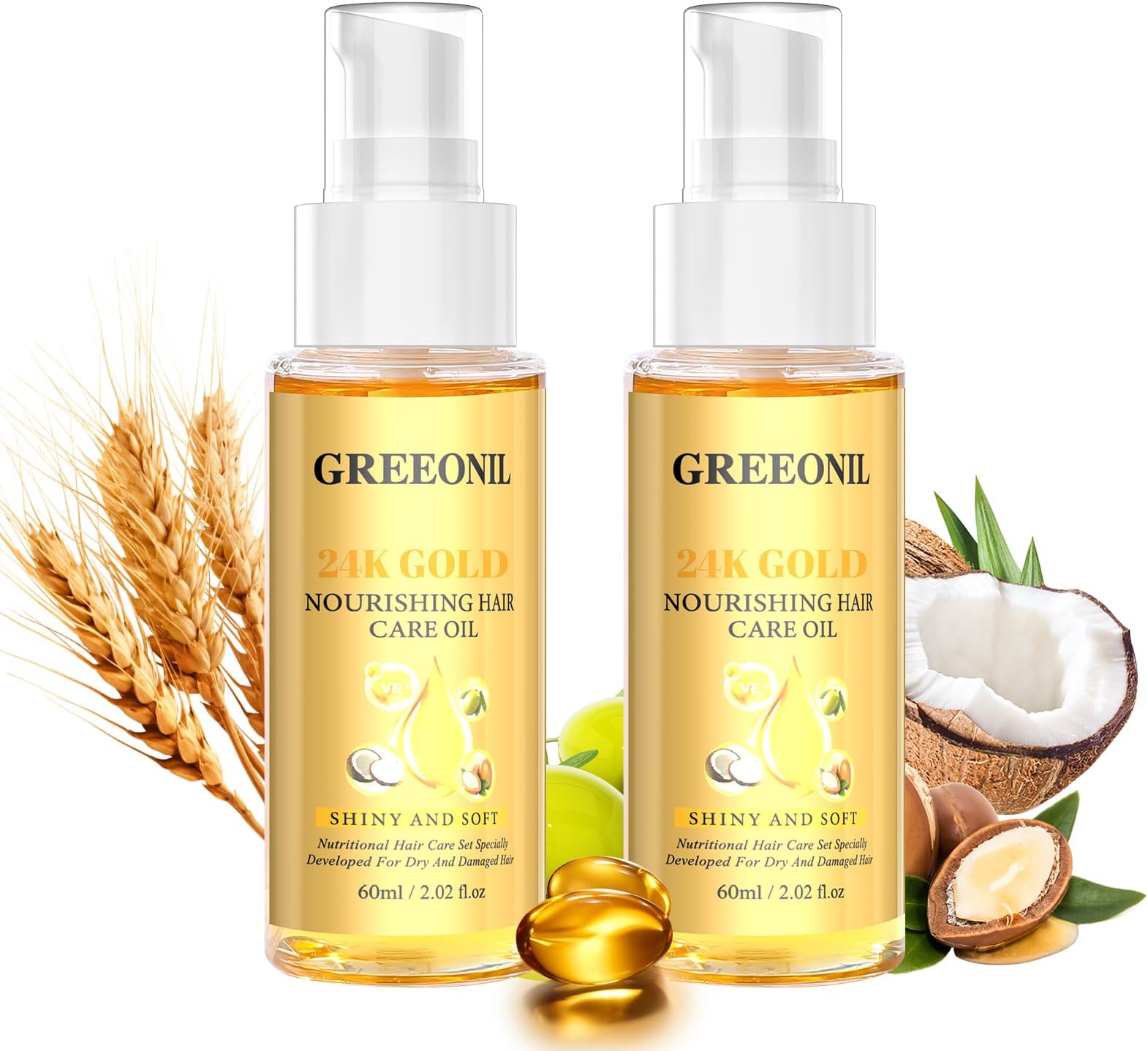 GREEONIL Hair Oil with Argan Oil, Coconut Oil, Olive Oil, Vitamin E for Nourish Hair, Smooth Frizz, Add Shine, Hair Treatment Oil for Women Men Frizzy Damaged Fine Curly Hair, Leave-in, 2Pack