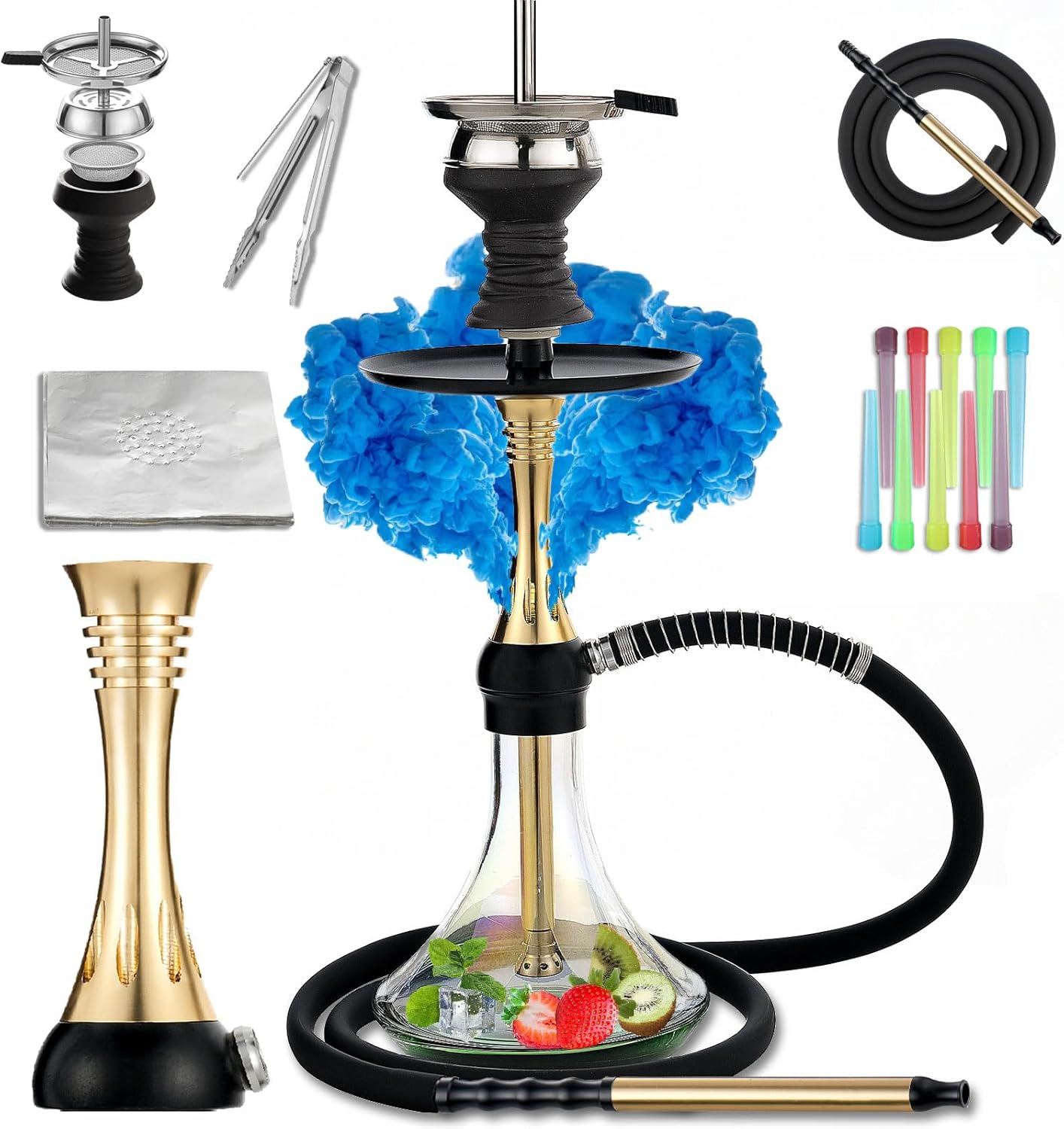 Hookah Set with Everything,19" Shisha Hookah Set with Glass Vase,Modern Portable Glass Hookah Set with Hookah tips,Hookah hose,Hookah Ceramic Bowl.(Gold)