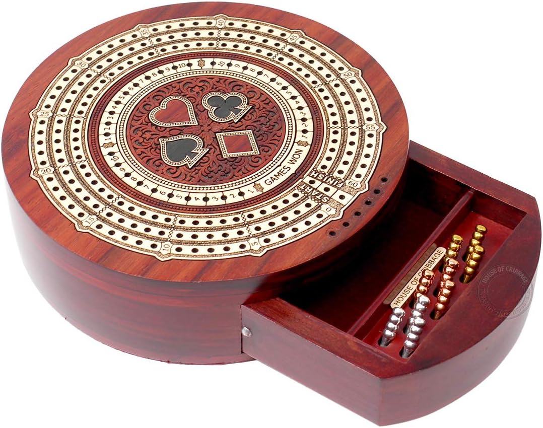 House of Cribbage - Round Shape 3 Track Non-Continuous Cribbage Board - Push Drawer Storage for Pegs and 1 Deck of Cards with Score Marking Fields for Won Games (Bloodwood/Maple Wood)