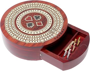 House of Cribbage - Round Shape 3 Track Non-Continuous Cribbage Board - Push Drawer Storage for Pegs and 1 Deck of Cards with Score Marking Fields for Won Games Bloodwood/Maple Wood