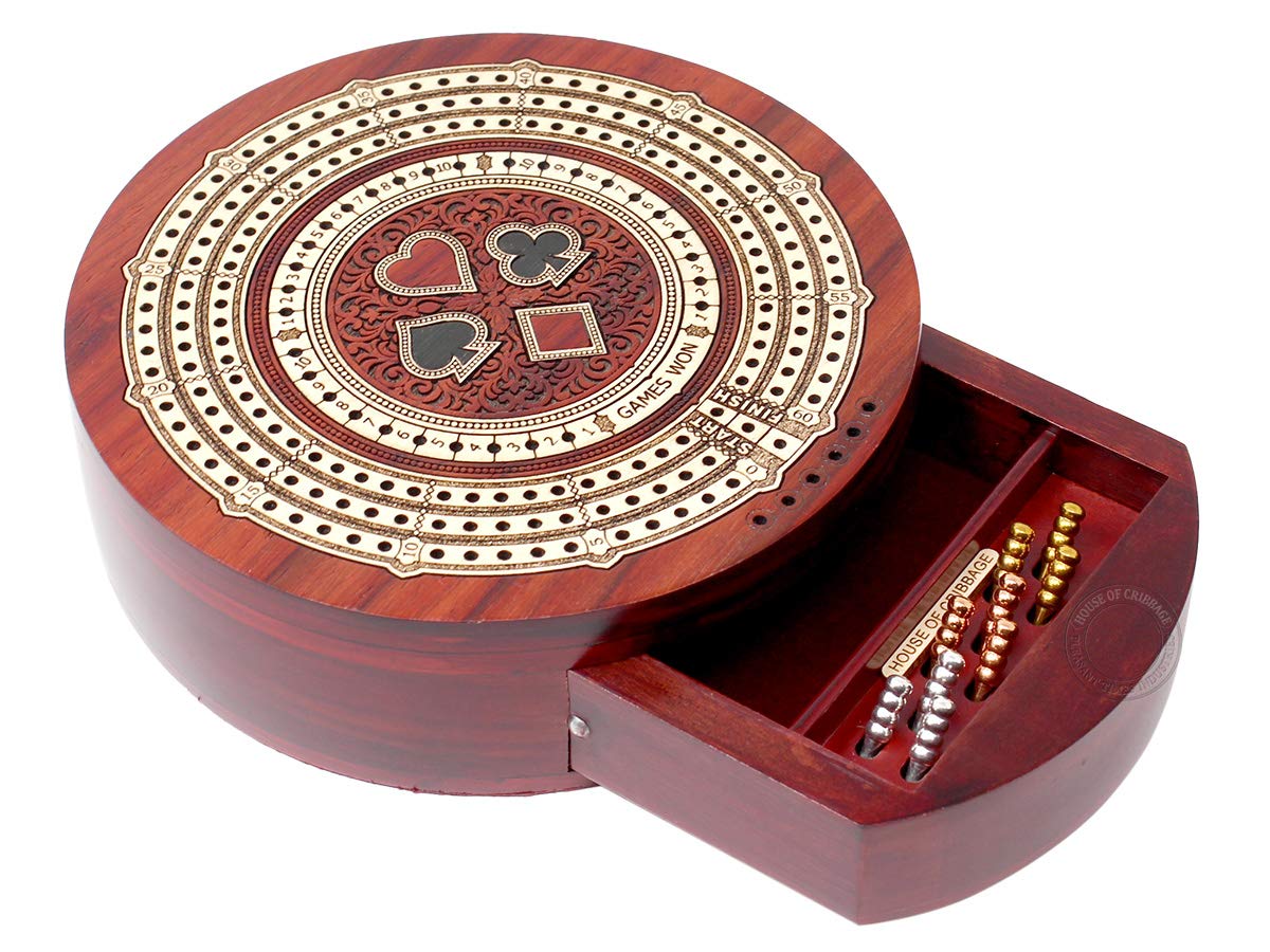 House Of Cribbage Round 3-Track Board - Bloodwood/Maple Wood, 60 Points, Push Drawer Storage For Pegs & Cards, 9 Metal Pegs Included - View #6