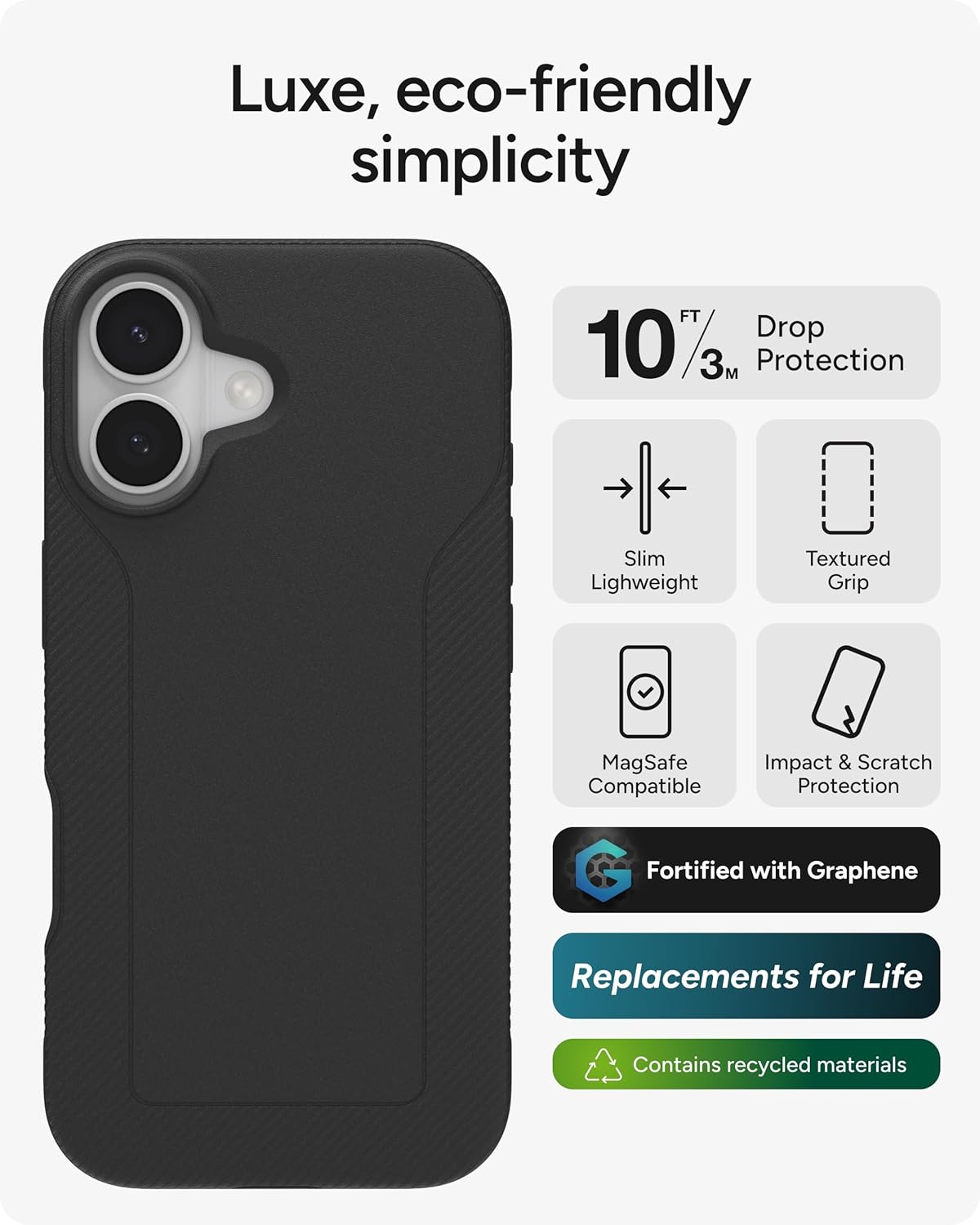 ZAGG Luxe Snap Phone Case for iPhone 17 - Black, Durable Graphene for Drop Protection (10ft/3m), Slim Lightweight Design, MagSafe Compatible