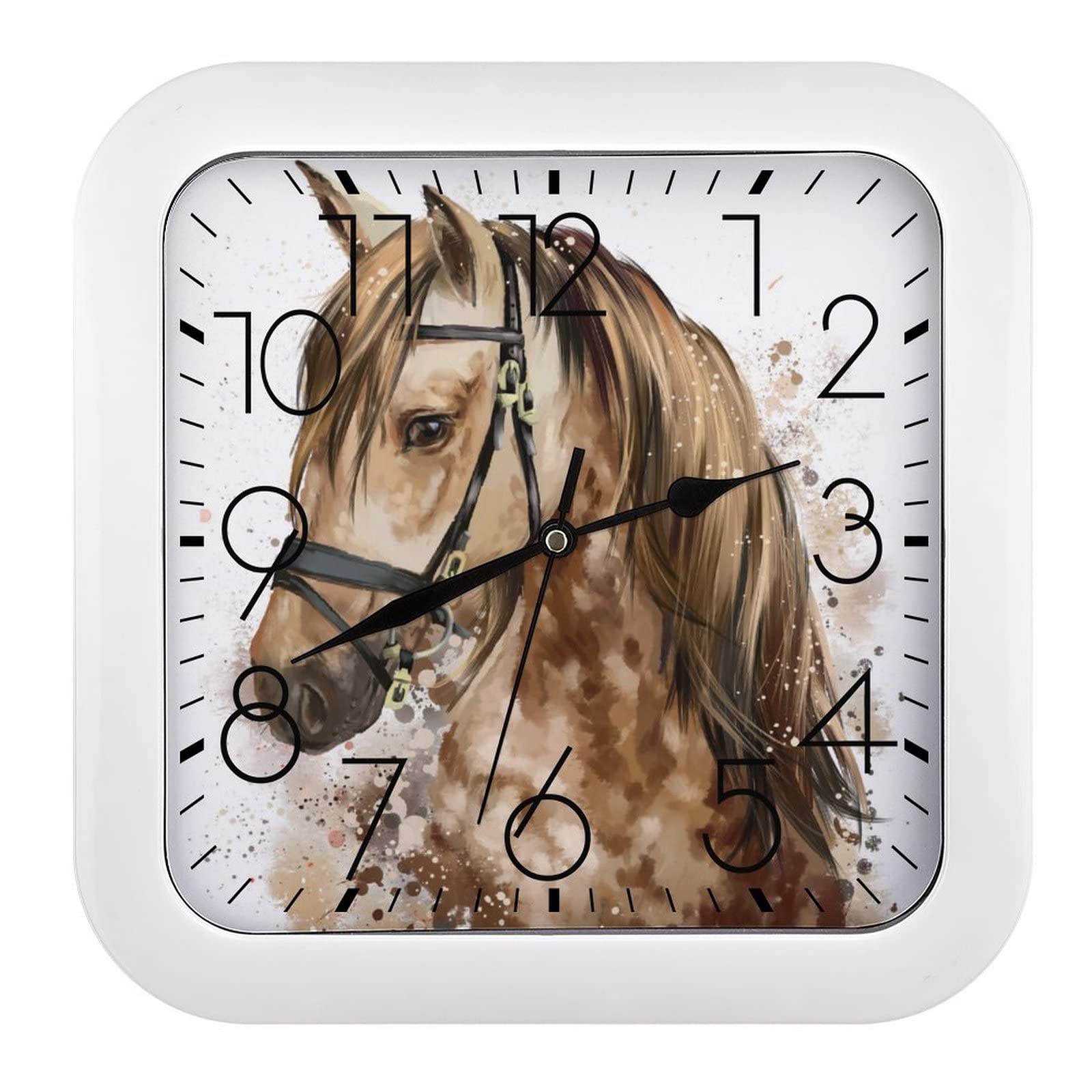 Décoration Murale Cheval Brun : Horloge Carrée 26x26cm Lisible pour Salon et Bureau