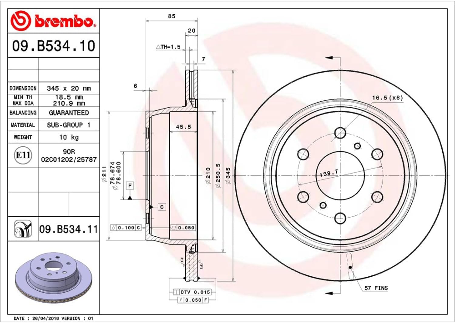 Brembo 09.B534.11 UV Coated vented Rear Brake Rotor CADILLAC/CHEVROLET OE# 23195438