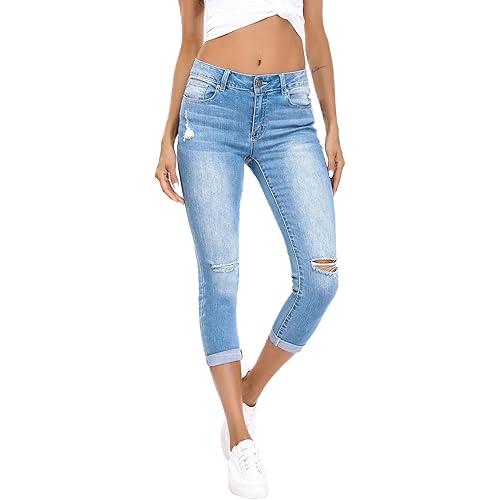 Resfeber Women's Ripped Boyfriend Jeans Stretch Distressed Jeans Capri Mom Jean with Hole