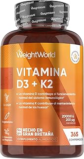 Vitamina D3 y K2 2000 UI + 200 µg - 365 Comprimidos de Vitamina D y MK7 - La Vit D contribuye al mantenimiento de los huesos en condiciones normales (EFSA), Vegetariano y Sin OGM