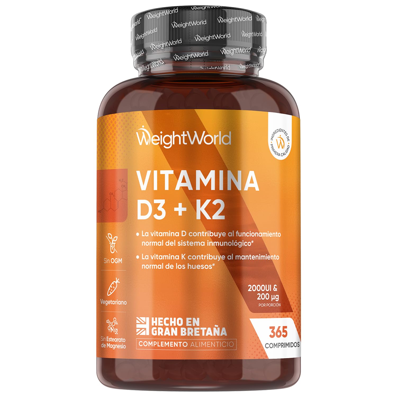 Vitamina D3 y K2 2000 UI + 200 µg - 365 Comprimidos de Vitamina D y MK7 - La Vit D contribuye al mantenimiento de los huesos en condiciones normales (EFSA), Vegetariano y Sin OGM