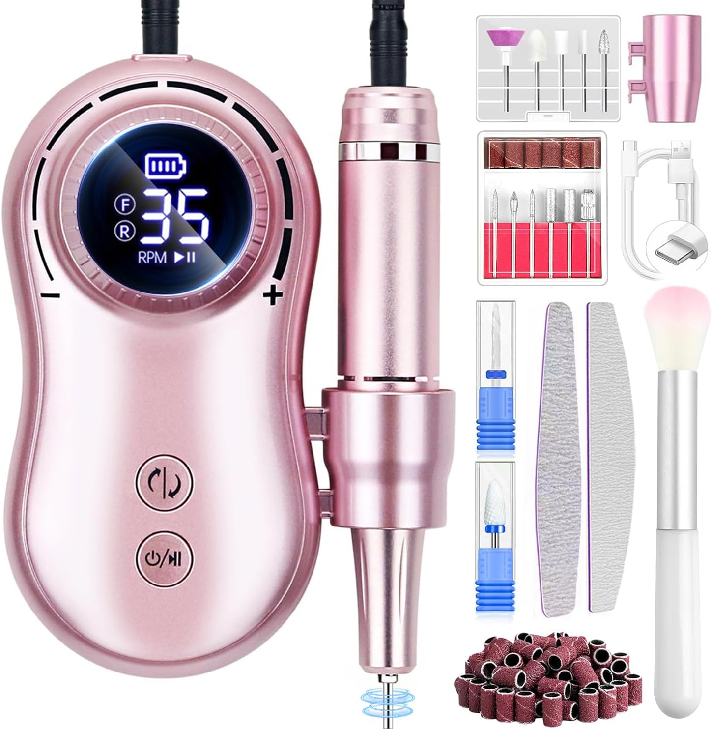 Professional Electric Nail Drill LEDSUUEI: 35000RPM Powerful Electric Nail File Portable Nail Drill with 13 Drill Bits Rechargeable Efile for Acrylic Gel Nails Removing Manicure Pedicure Salon