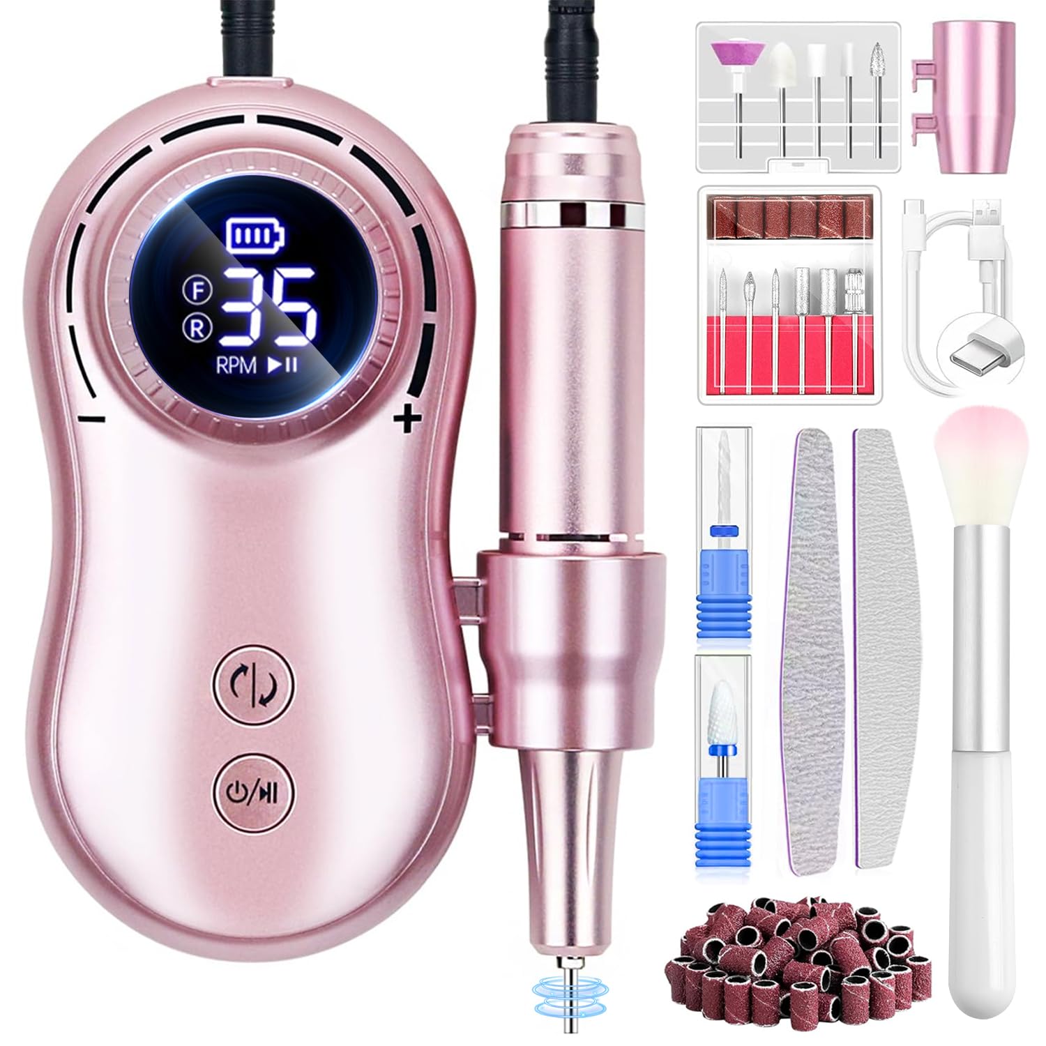 Professional Electric Nail Drill LEDSUUEI: 35000RPM Powerful Electric Nail File Portable Nail Drill with 13 Drill Bits Rechargeable Efile for Acrylic Gel Nails Removing Manicure Pedicure Salon