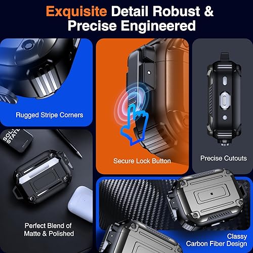 Miniatura 4 de Chicfun Armour Lock - Funda para AirPods Pro de 2 generación con bloqueo seguro y llavero, compatible con MagSafe protección resistente de 360