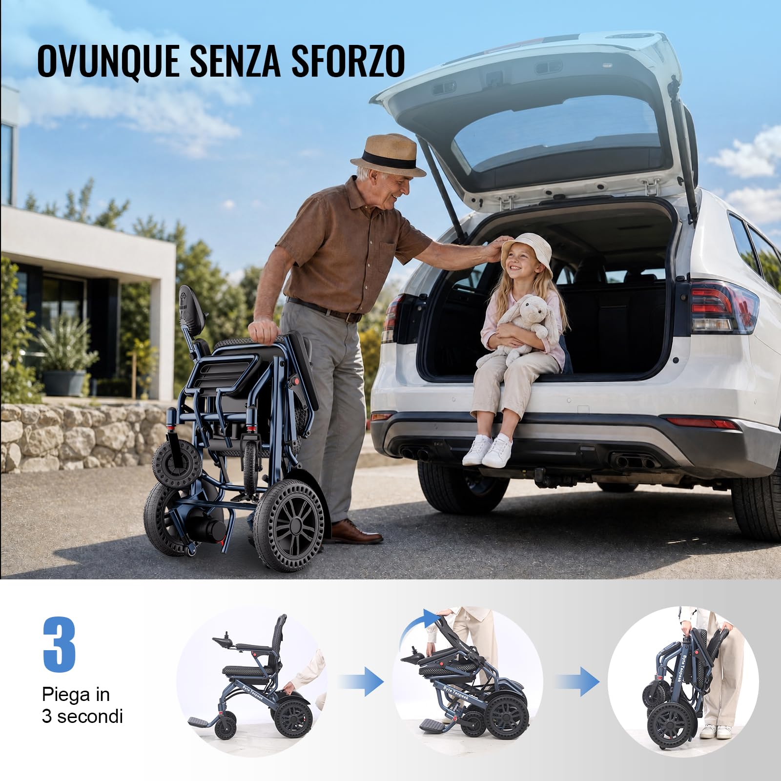 D14 Sedia a rotelle elettrica pieghevole leggera, autonomia 25km, motore 500W, struttura in lega di alluminio, soddisfa gli standard del trasporto aereo,carico 150kg-Blu