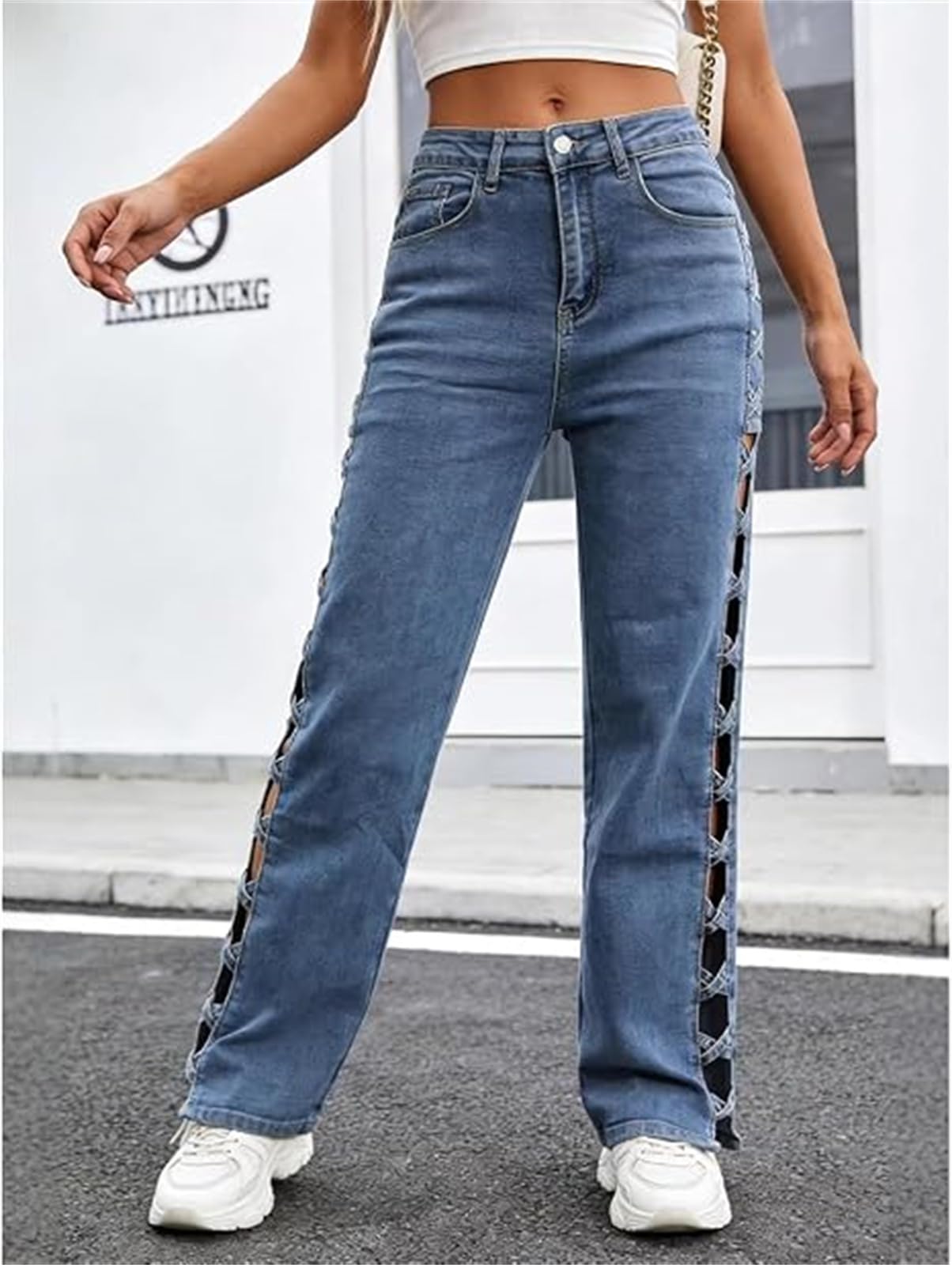 Jeans pour Femmes à Taille Haute et Jambes Droites - Pantalon en Denim Tendance avec découpe latérale à Lacets