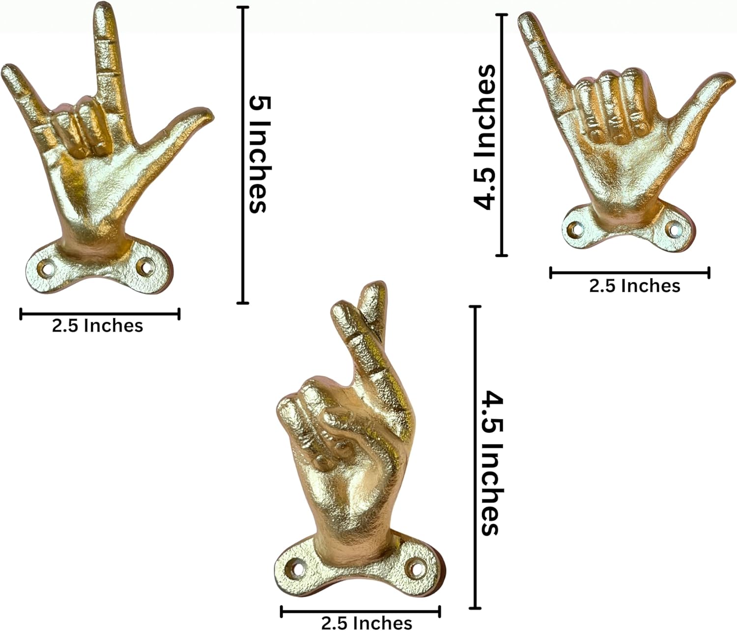 Set of 3 Hand Gesture Decorative Wall Hooks, 4 Inches High-Hang Loose-Rock On-Cross Fingers Gestures. Unique Stylish Key or Towel Hangers Backpack Hanger-Coat Hooks Home Decor for Storage (Gold)