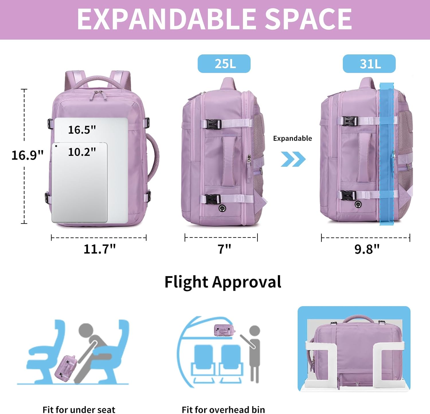 Women's Travel Backpack Expandable - Weekender Overnight Backpack for Short Trips, Laptop Backpack with Multiple Compartments, Flight Approved Carry On Daypack, Purple