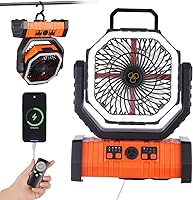 Vista 1 de Ventilador recargable, ventilador de camping operado por batería con gancho y luz LED brillante, control remoto, temporizador, oscilación Naranja