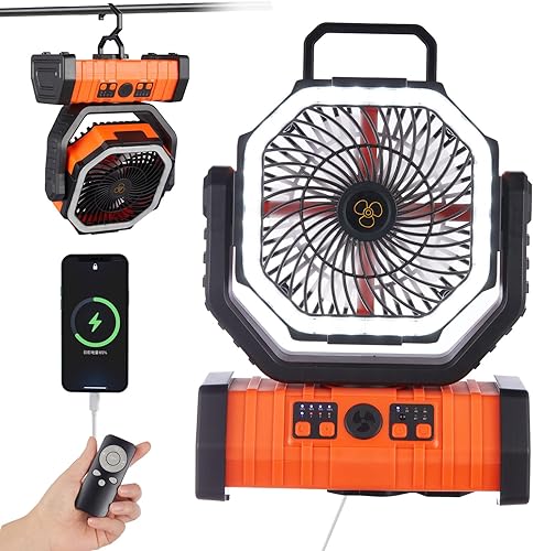 Ventilador recargable, funciona con pilas de campamento con gancho y luz LED brillante, temporizador de control remoto, oscilación automática