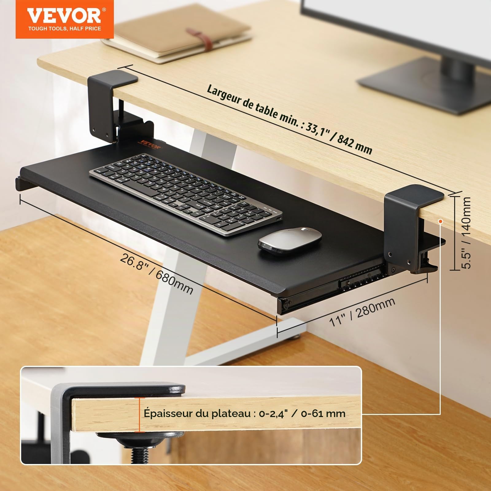 VEVOR Support Clavier 68x28 cm Plateau pour Clavier et Souris Coulissant sous Bureau Charge Max 5 kg Tablette Coulissante Clavier Fixation Facile avec Pinces en C Sans Perçage pour PC Bureau Domicile