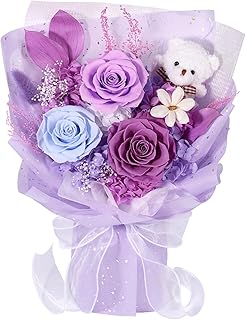 Preserved Flowers Bouquet with Bear, 3 Real Forever Flowers for Delivery, Long-Lasting Purple Eteranl