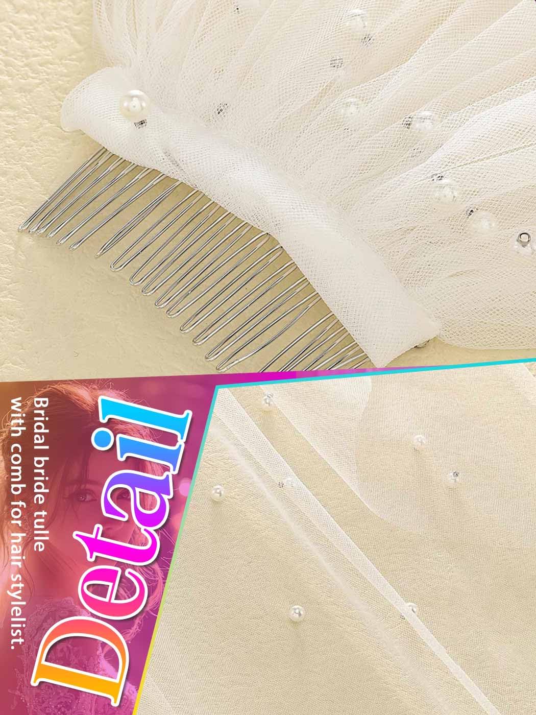 HEREAD Perlen-Brautschleier, Hochzeitsschleier, weiße Fingerspitze, Kathedrale, Brautschleier, Tüllschleier, Haarschmuck mit Kamm und Schnittkante