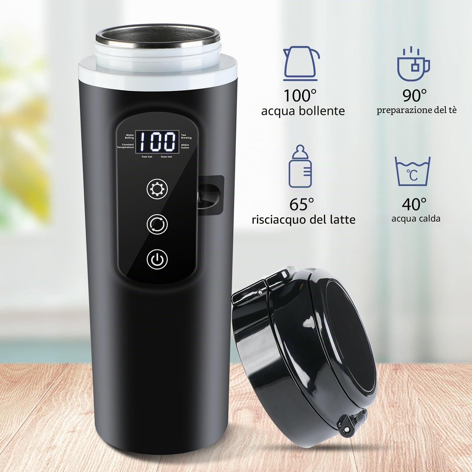 Bollitore elettrico da viaggio 12 V – 24 V per auto e camion, 500 ml in acciaio inox con accendisigari da 12 V per acqua calda e caffè